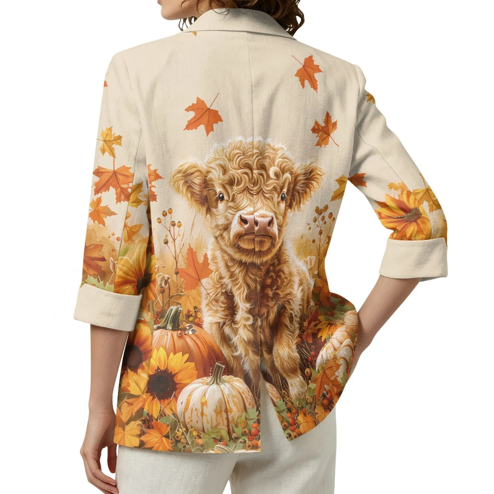 PENSTROLL Calf Pumpkin Pattern Linen Like Cardigan Cover Up Jacket Open Front Cardigans for Women Lightweight Open Front Tops