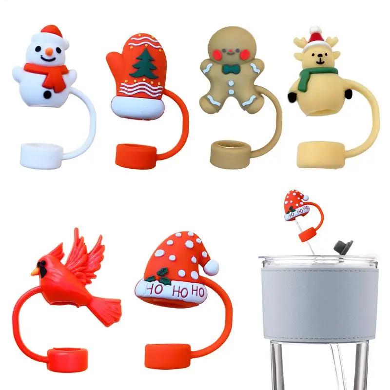 

Christmas Cup Straw Topper 6 Pieces Straw Cover Caps Straw Topper Non-Slip Cute Straw Cover For Walking Restaurant Camping