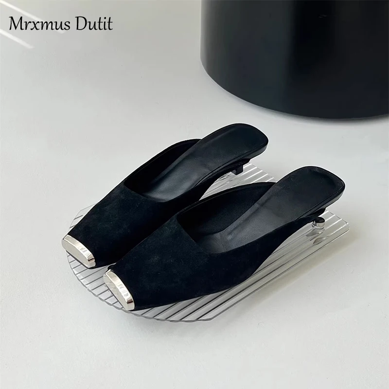 Mrxmus Dutit 2023 New Spring Summer Fashion Genuine Leather Flat Square Head Shoe Sandals Women Elegant Simple Ballet Shoes