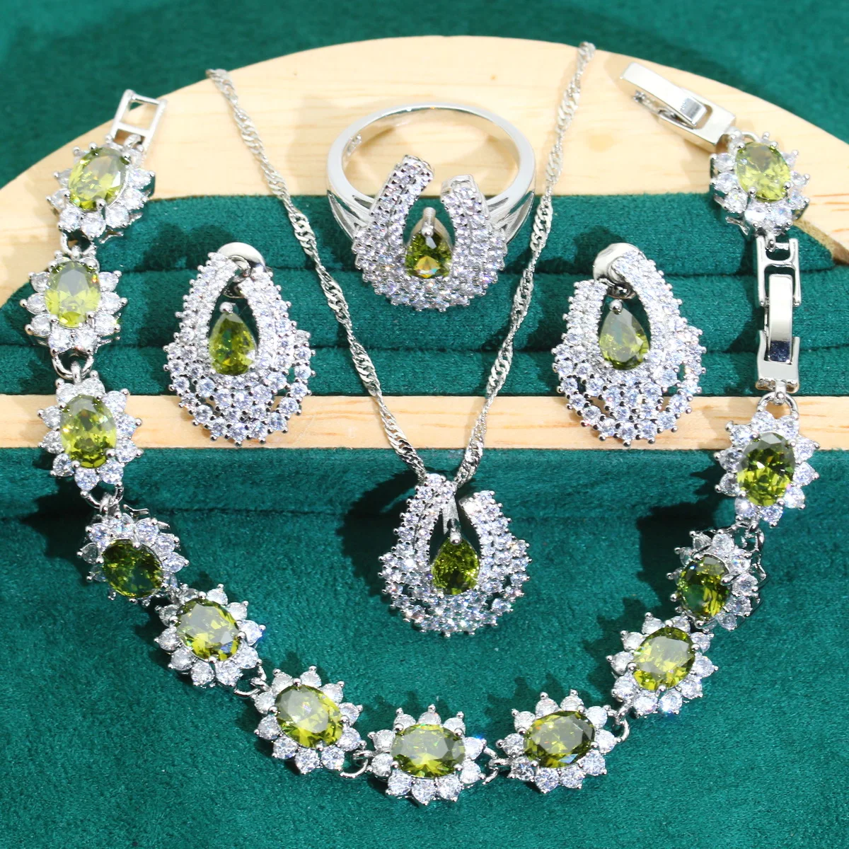 

Fine Bridal Jewelry Sets Silver 925 Olive Green Zircon Earrings Necklace Set For Women Rings Bracelets Pendant Dating Gift