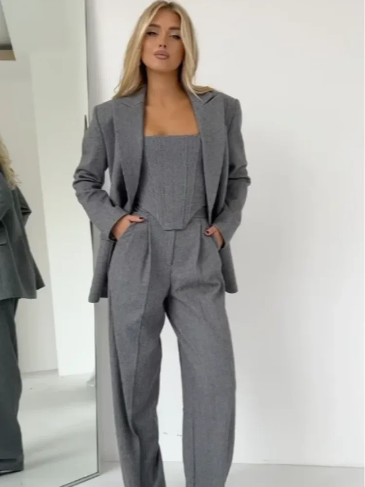 

Fishbone Top Pants Blazer Coat 3 Pieces Solid Button Jacket Crop High Waist Pocket Pant Set 2025 Autumn Fashion Loose Lady Suits