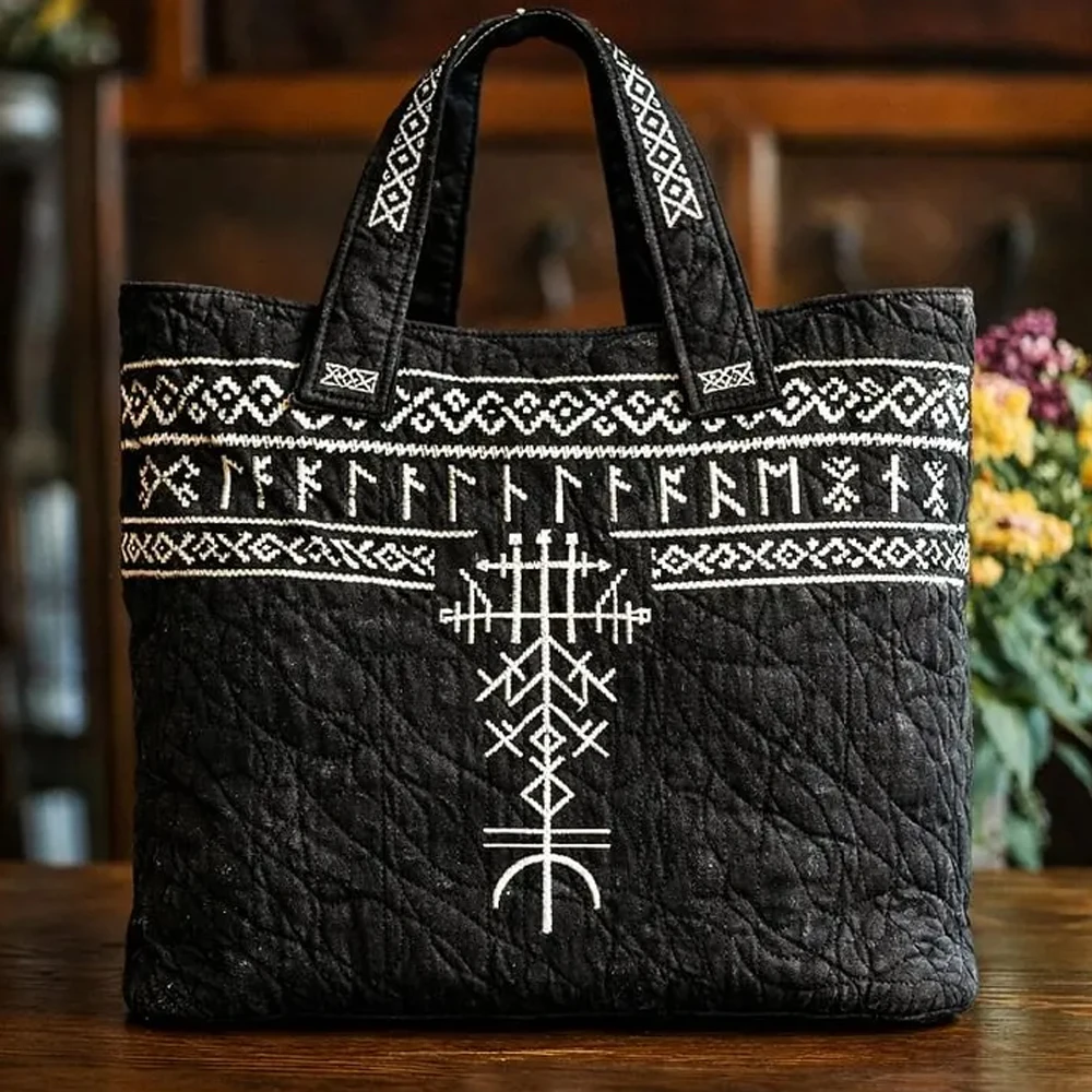 Norse Viking Print Quilted Tote Women Daily Shoulder Bag Vintage Handbag For Shopping
