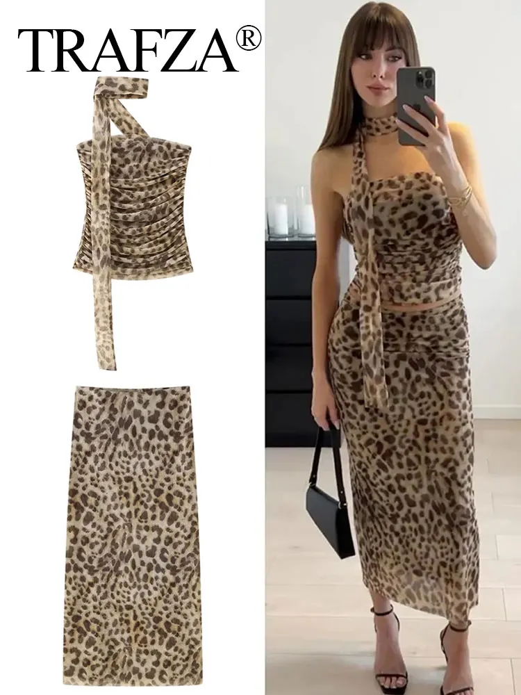 TRAFZA Women Vintage Leopard Print Skirt Sets Off Shoulder Tube Top + Slim Midi Skirt 2024 Summer Female Fashion Streetwear Suit