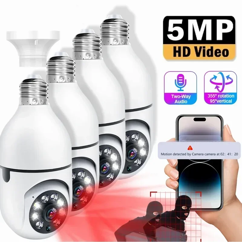 5MP E27 Bulb Surveillance 4X Digital Zoom Camera Indoor WiFi Baby Monitor Cameras Outdoors Color Night Vision CCTV Wireless Cam