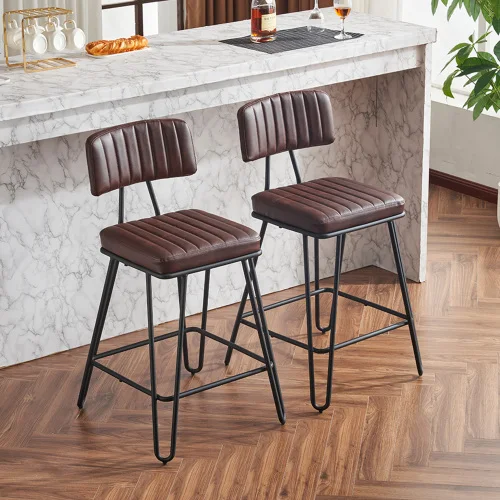 

Industrial Bar Stools Set of 2, Counter Height Chairs with PU Leather Upholstery & Metal Frame