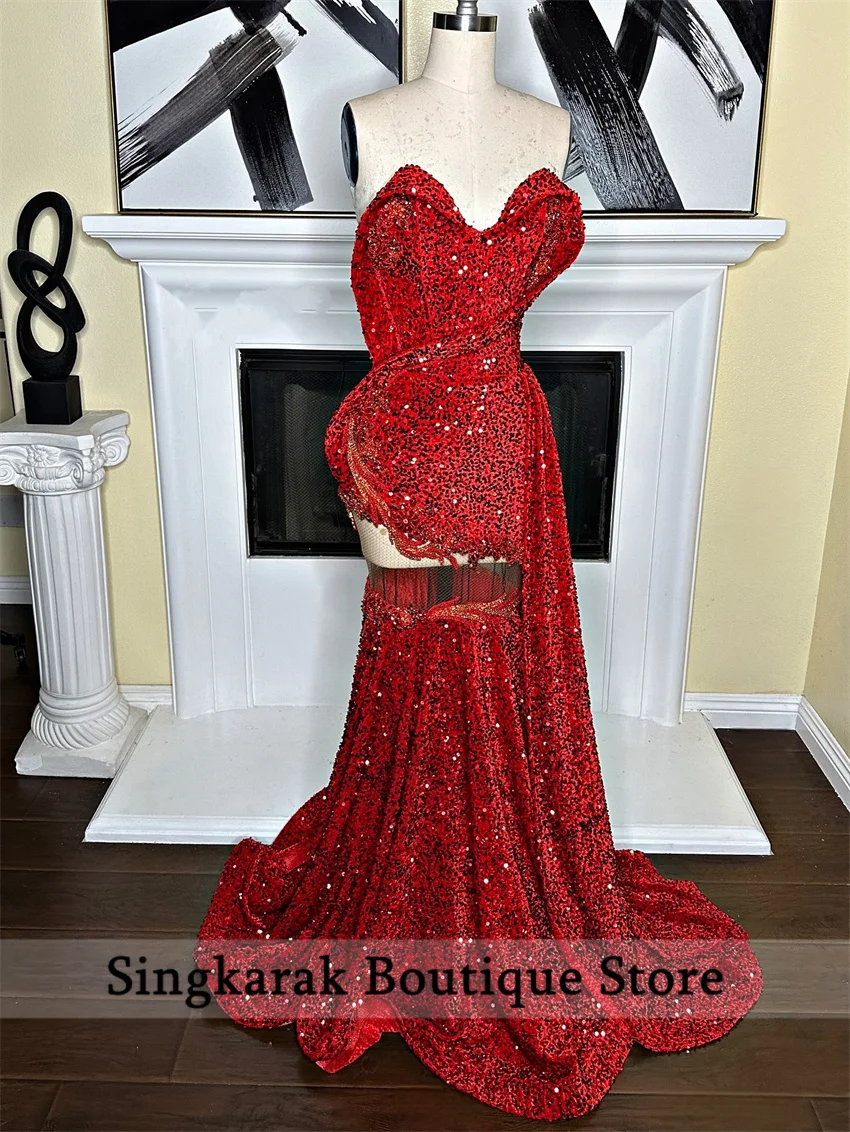 

Red Sparkly Trumpet Long Prom Dresses for Black Girl Sparkly Sequins Diamonds Gems Customsized Birthday Evening Gala Gown