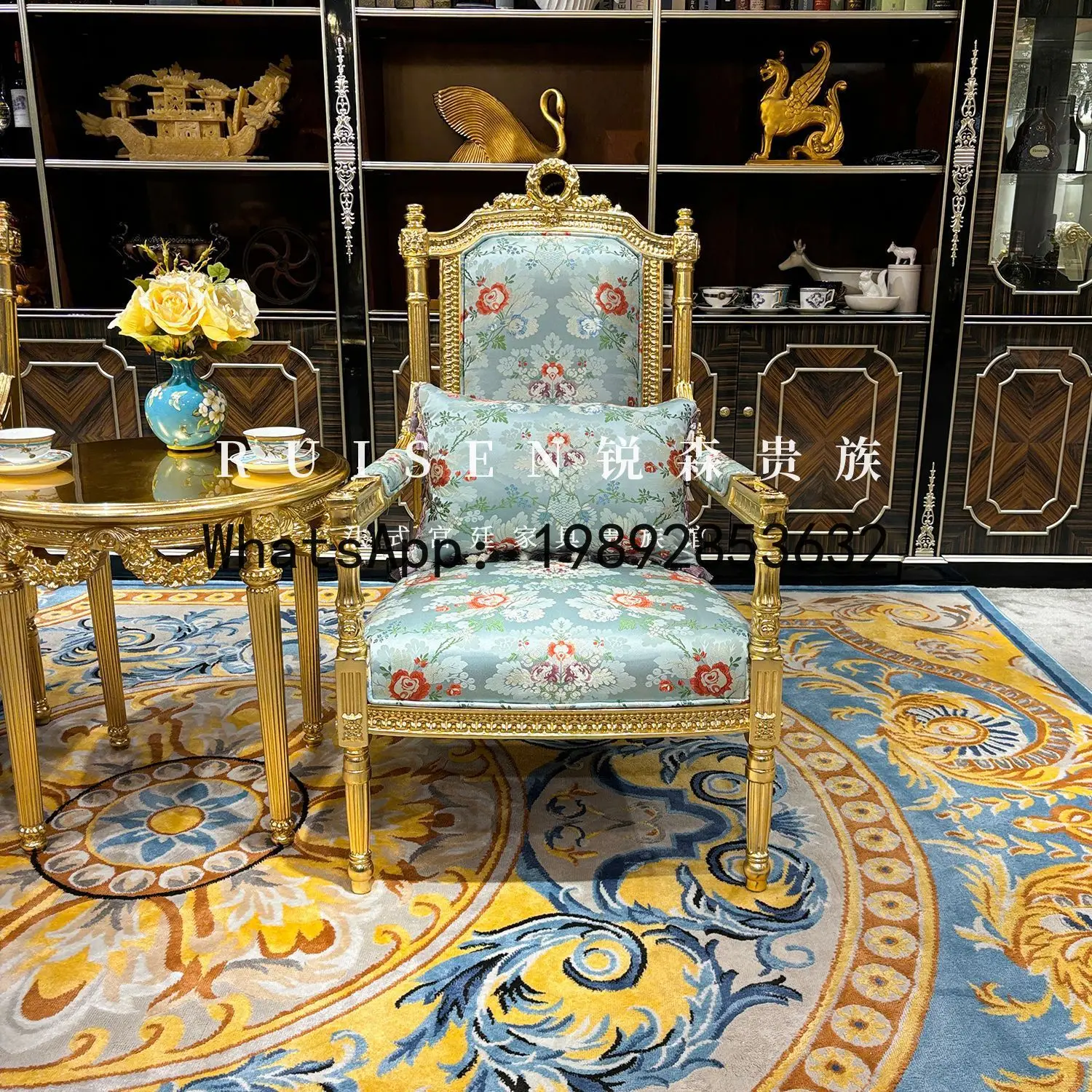 CZ French Style Solid Wood Leisure Chair Carved Fabric Sofa Chair Balcony Recliner Blue Embroidered Chair
