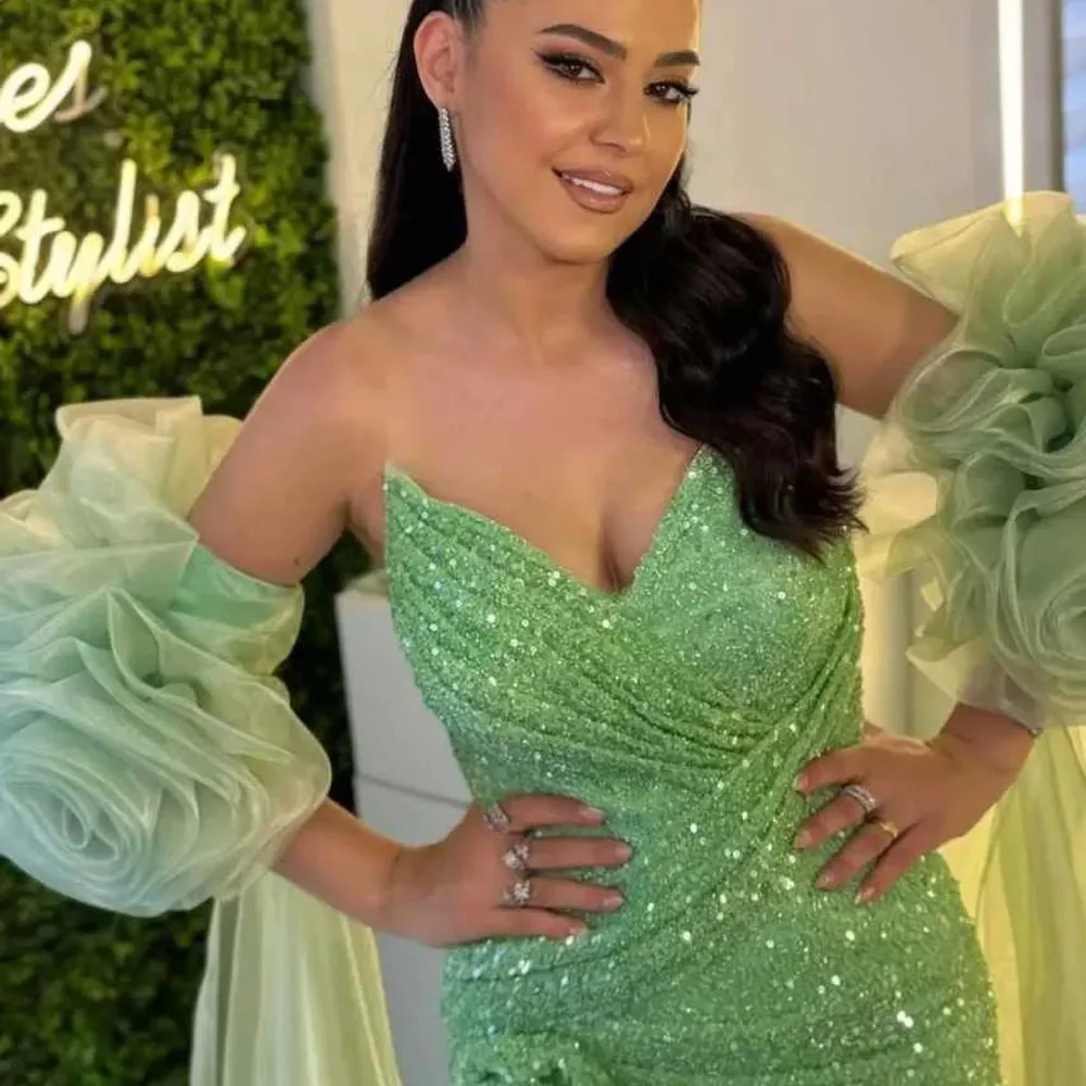 Customized Green Sequin Evening Dresses Flower Detachable Sleeves vestidos de gala Mermaid Wedding Guest Dress with Split