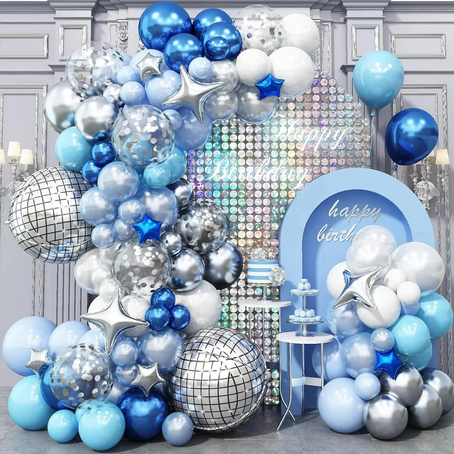 Kit de guirnaldas de arco de globos azul, globo de aluminio de discoteca para fiesta de cumpleaños, boda, celebración de graduación, decoración de aniversario, 141 Uds.