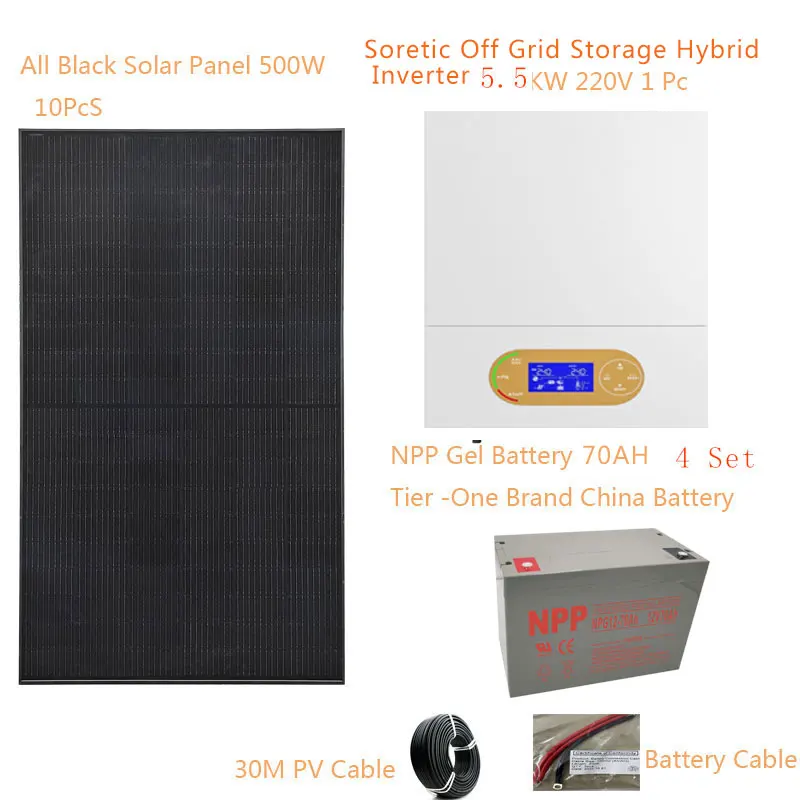 

Solar System For Home Complete Kit 5000 Watt 5KW 220V Solar Panel 500W MPPT Off Grid Hybrid Inverter Gel Lead Acid Battery Farm