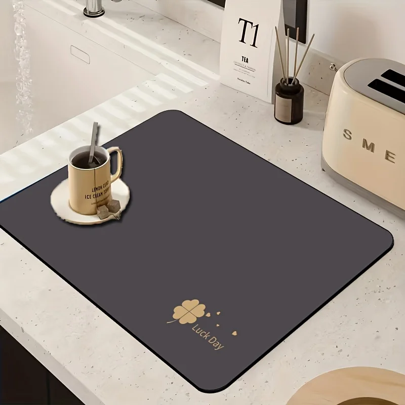 Tapis de séchage de vaisselle gris foncé Clover Luck, absorbant, séchage rapide, lavable, pour comptoir de cuisine, bar à café, usage domestique