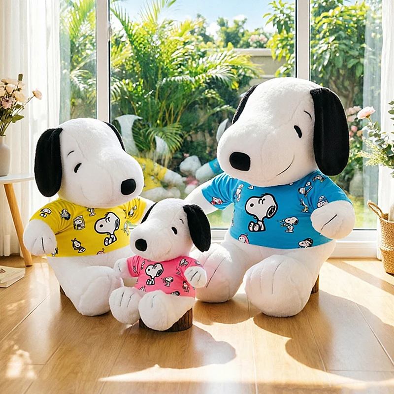 Cute Snoopy Plush Doll With Printed T-shirt, Cartoon White Dog Stuffed Toy Pink Blue Yellow Sofa Cushion Kids Birthday Gift
