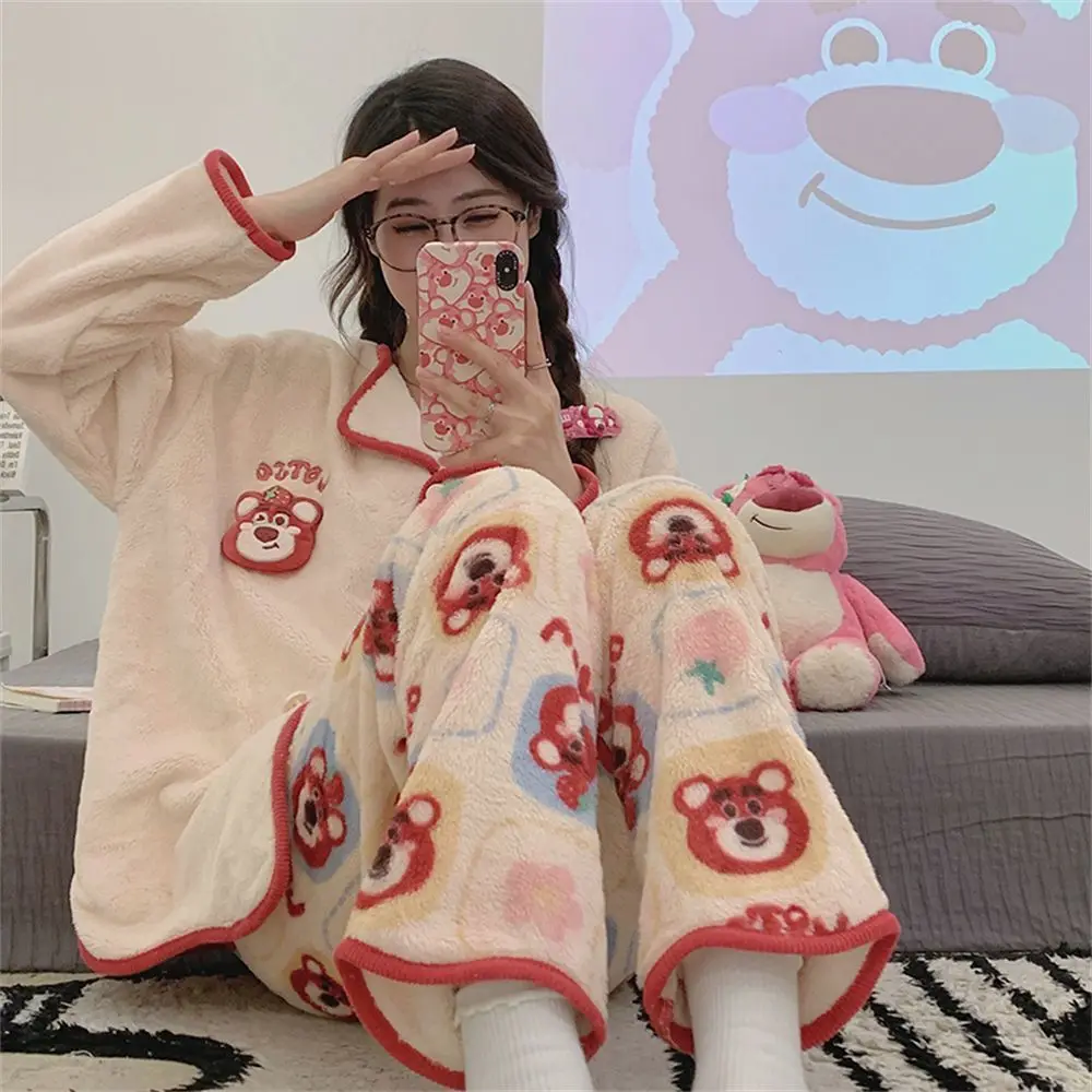 Anime Sanrios My Melody Woman Pajamas Flannel Kawaii Cinnamoroll Kuromi Fall Winter Cute Cartoon Home Clothes Set Woman Clothes