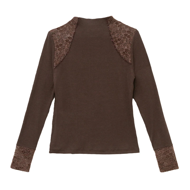 تي شيرت نسائي قطني مجوف من الدانتيل برقبة وهمية وأكمام طويلة تي شيرت موضة 2025 بقصة ضيقة أنيقة أساسية للارتداء اليومي غير الرسمي #5