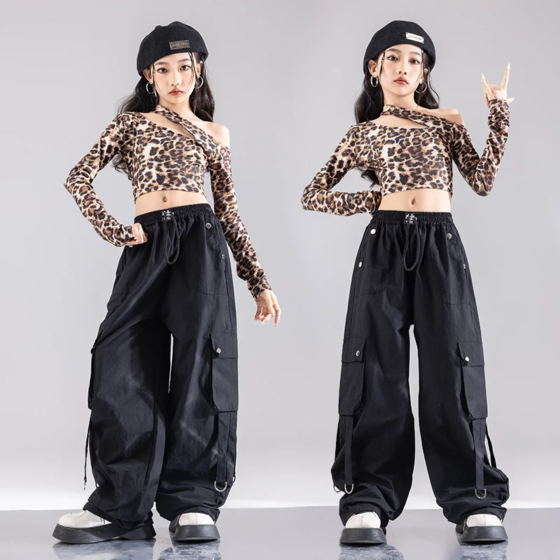 Kids Hip Hop Outfit leopard pattern Crop Tops Street Dance Cargo Pants Girls Streetwear Children Jazz Costumes K-pop Clothes Set