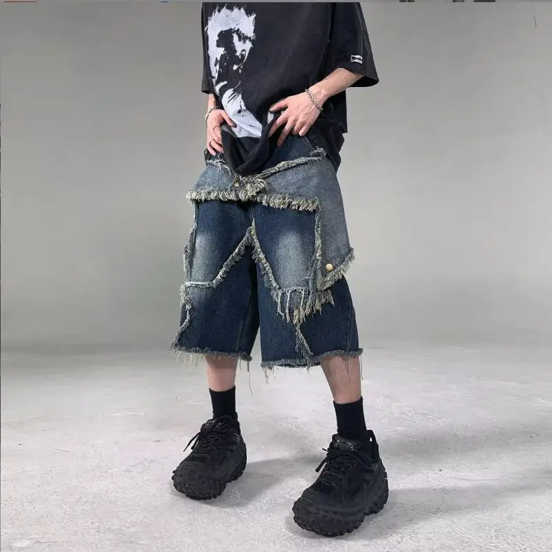 American new style retro star patch tassel men denim shorts loose casual hip-hop street couple pants sweatpants 2024 w757