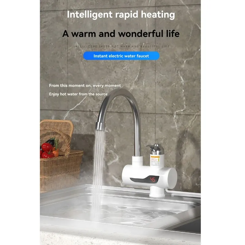 AD-Keran Kamar Mandi Dapur dengan Layar Digital LED Keran Pemanas Dapat Diputar Pemanas Air Listrik Tanpa Tangki Steker UE