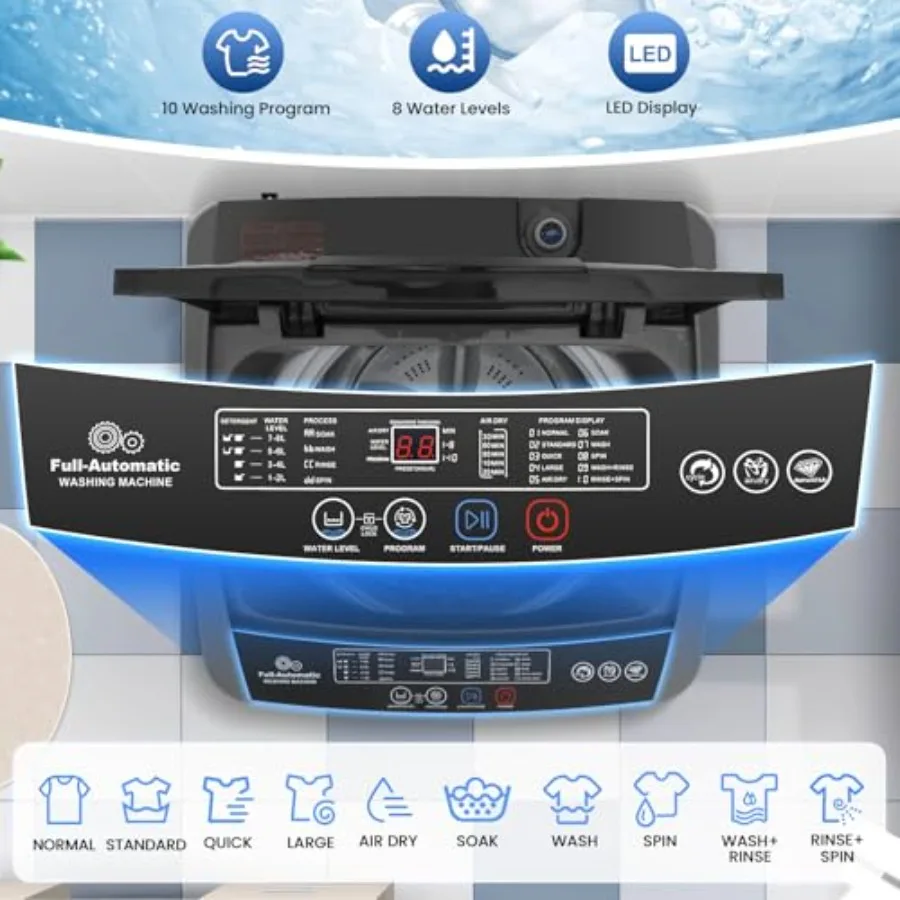 Mesin Cuci Portabel 2.8 Cu.ft dengan Kapasitas 20 lbs, Mesin Cuci Otomatis Penuh Dilengkapi Pompa Pembuangan, 10 Program Cuci dan Layar LED