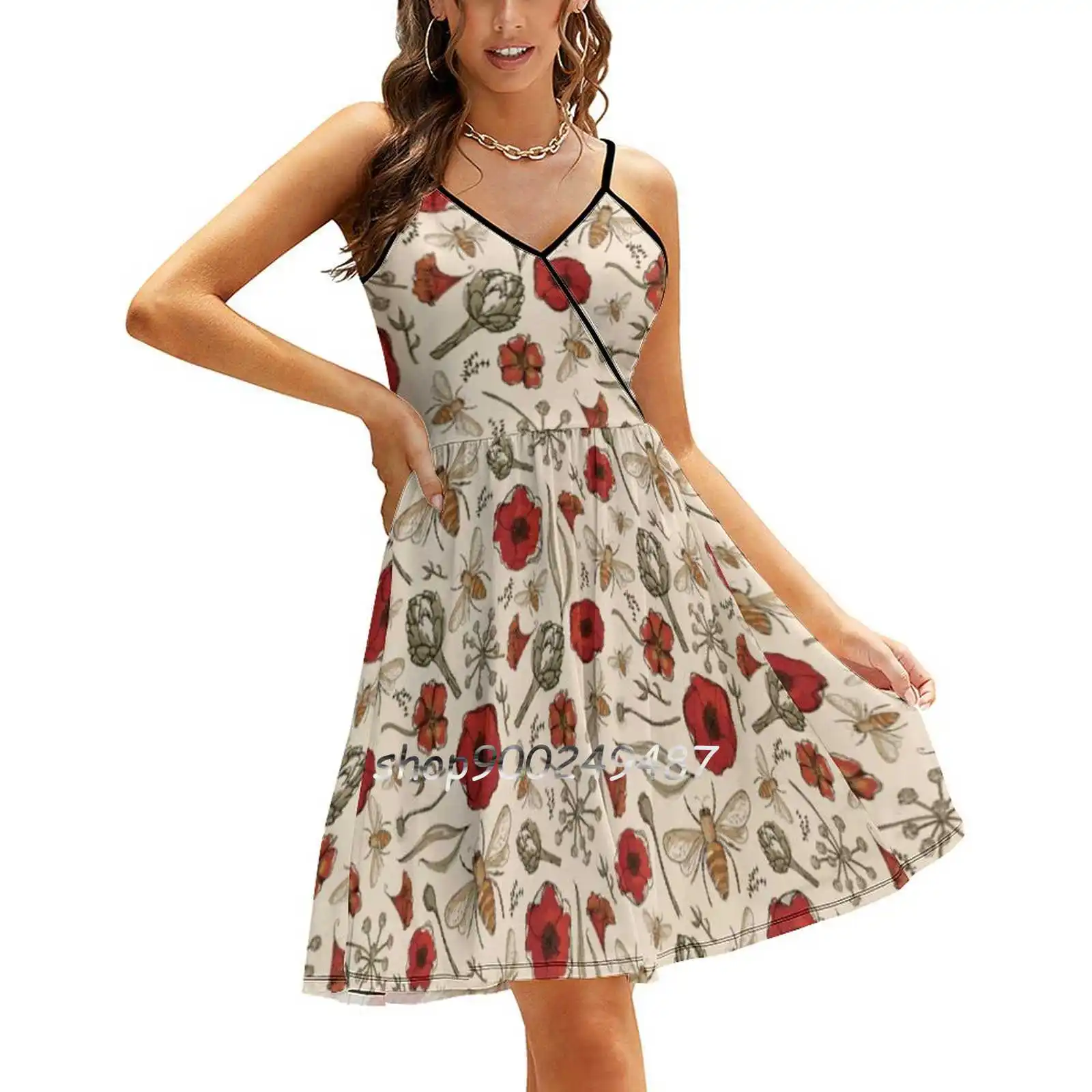 Bees Sling Dress Women Summer Printing Condole Belt Dresses Bee Honey Hive Bumble Bee Poppies Artichoke Organic Natural Nature