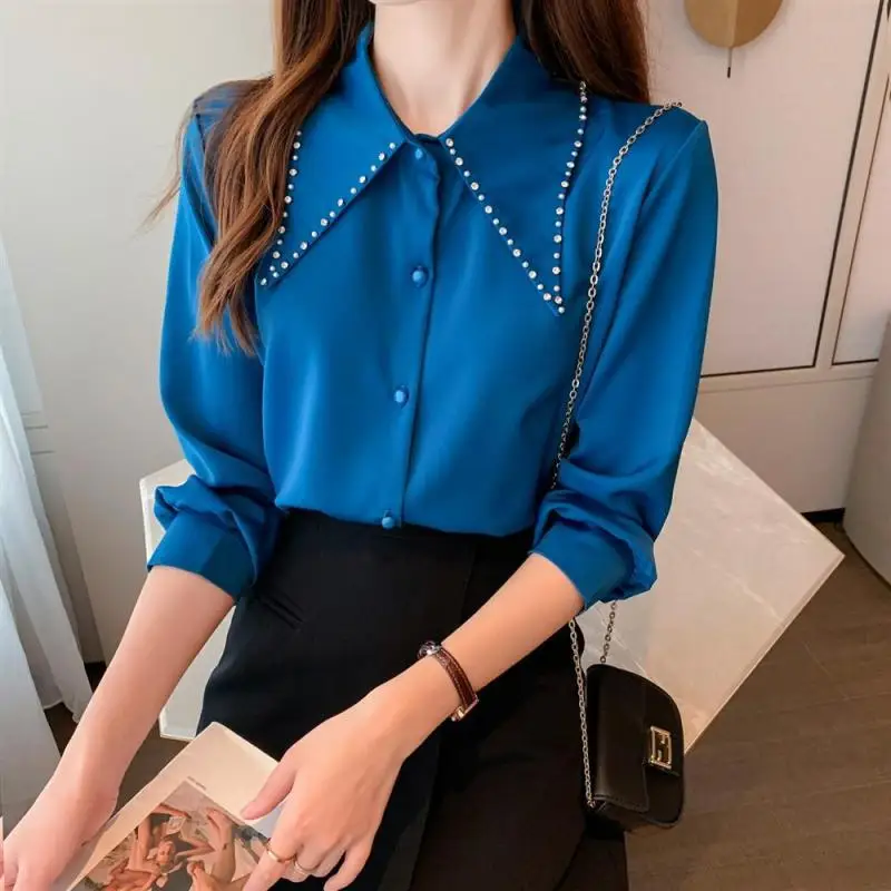 Women Spring Korean Temperament Loose Embroidered Flares Solid Color Long Sleeve Shirts Ladies Casual All-match Appear Thin Tops