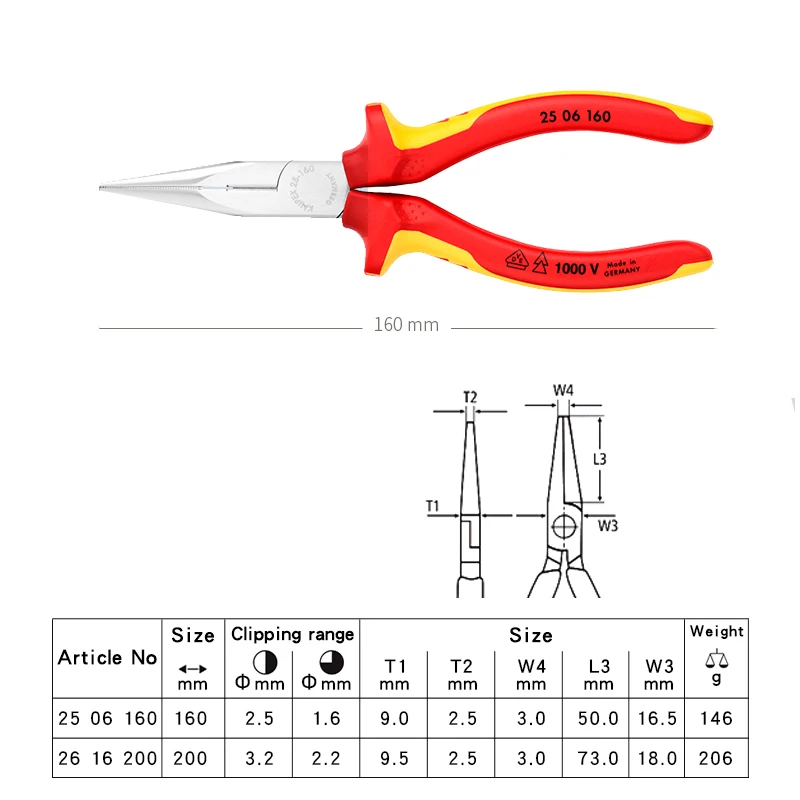 Knipex Tools Insulated Snipe Nose Pliers Holding Electronic Long Nose Plier Vanadium Steel 25 06 160| 26 16 200