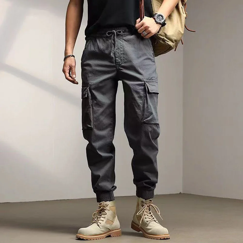 Men\'s Solid Cargo Pants Casual Loose Fit Ankle Banded Trousers Classic Fashion For Spring And Autumn Grey Black Green