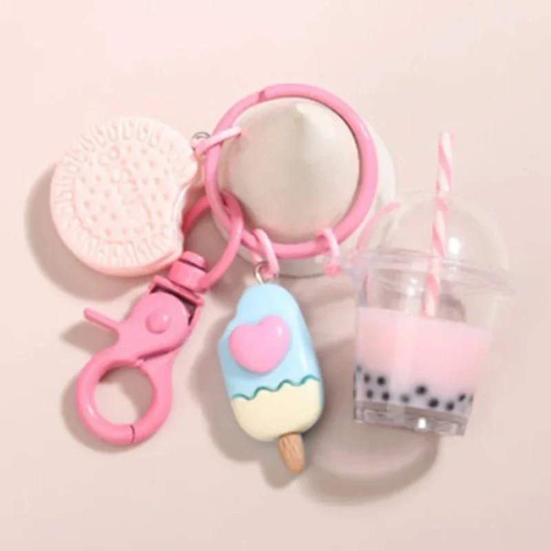 Cute Keychains Ice-cream Bubble Tea Biscuit Pink Key Rings Friendship For Best Friend Women Girl Handbag Gift Jewelry