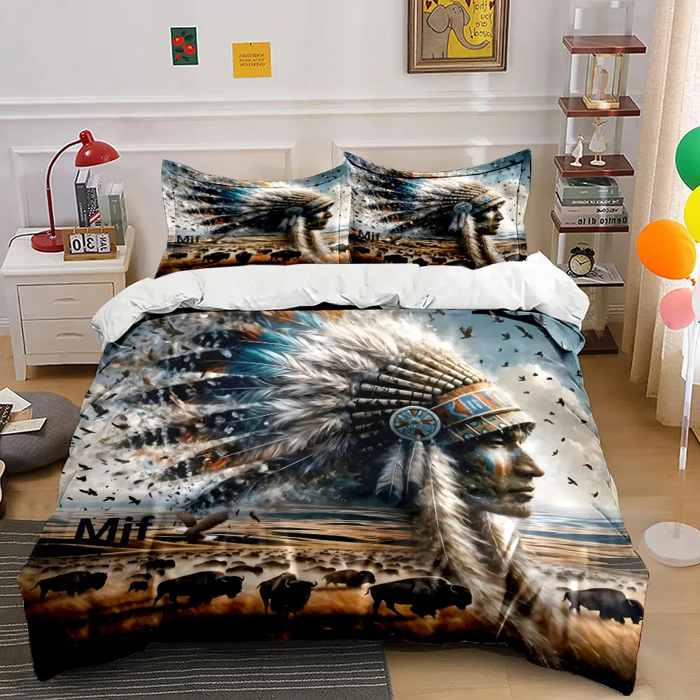 Bison Herd and Feathered Headdress Composition Printed Duvet Cover Set 1 Duvet Cover+2 Pillowcase Multi Size Bedroom Decor