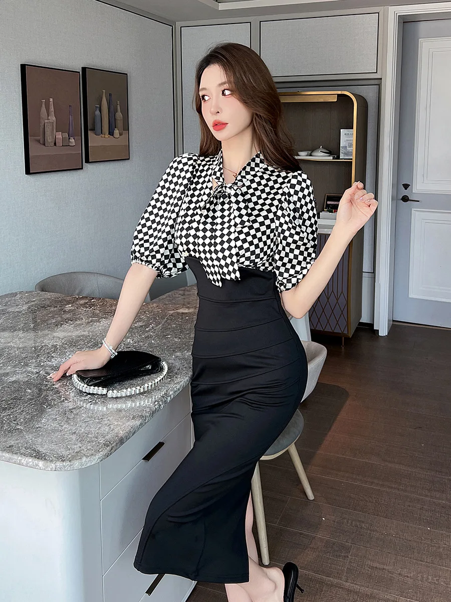 Mid-length Plaid Dress with Waistband Sexy Goddess Style Korean Fashion French Design High End Design Spring Summer New 2024