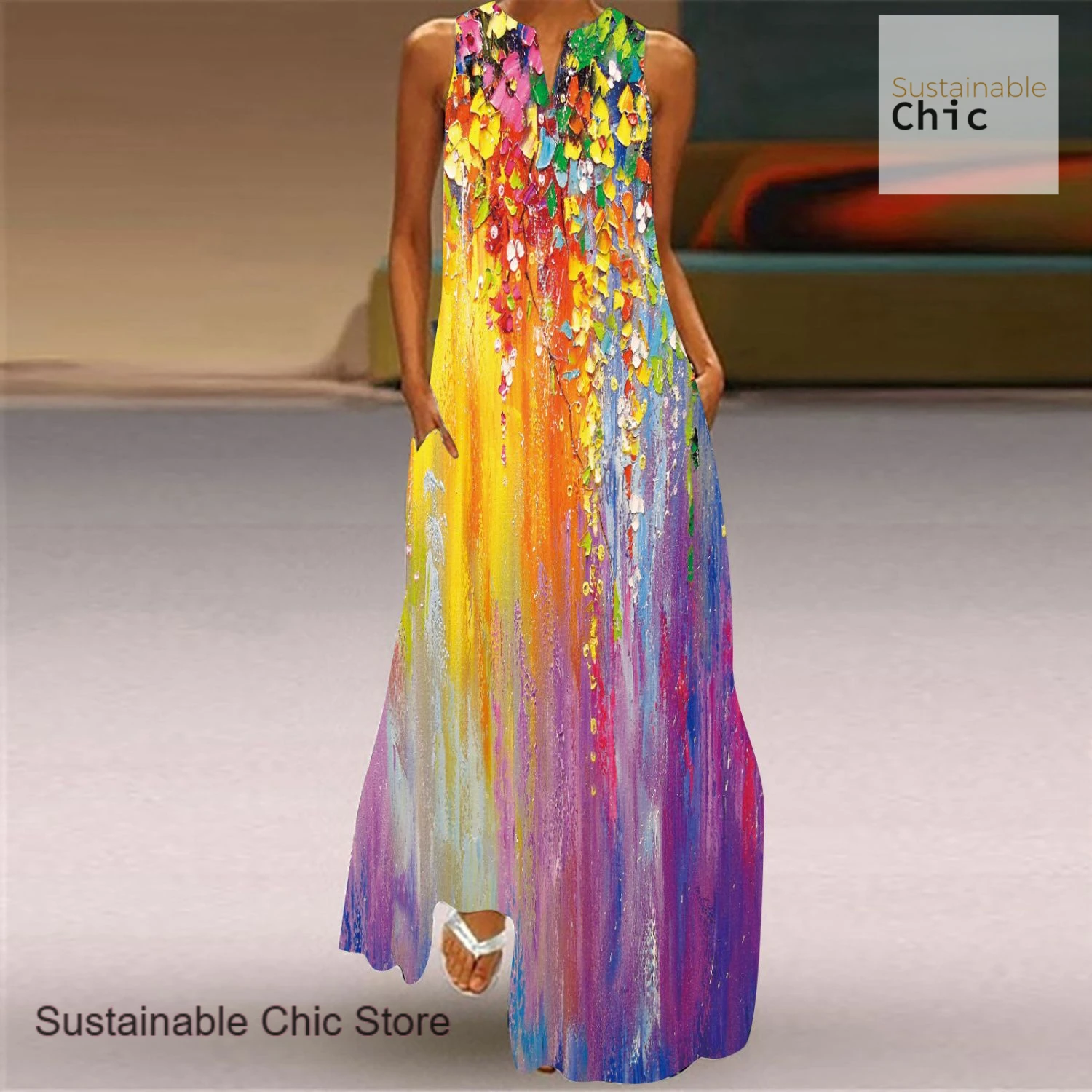 

Summer fashion skirt female Europe new temperament sleeveless beach wind Joker color casual printing elegant A-word dress