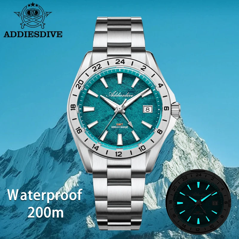 

ADDIESDIVE NEW GMT Quartz Watch Sapphire Glass 200M Waterproof Luxury Men Watches Stainless Steel Textured Dial Casual Man Clock