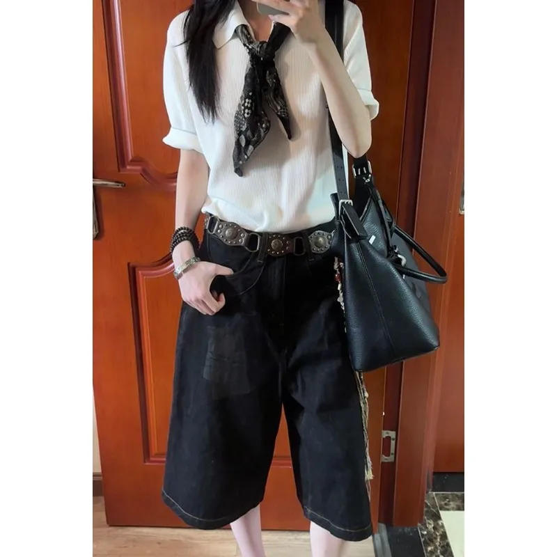 

Летние потертые джинсы с вышитыми буквами в стиле ретро, свободные широкие прямые повседневные джинсовые брюки для женщин с высокой талией