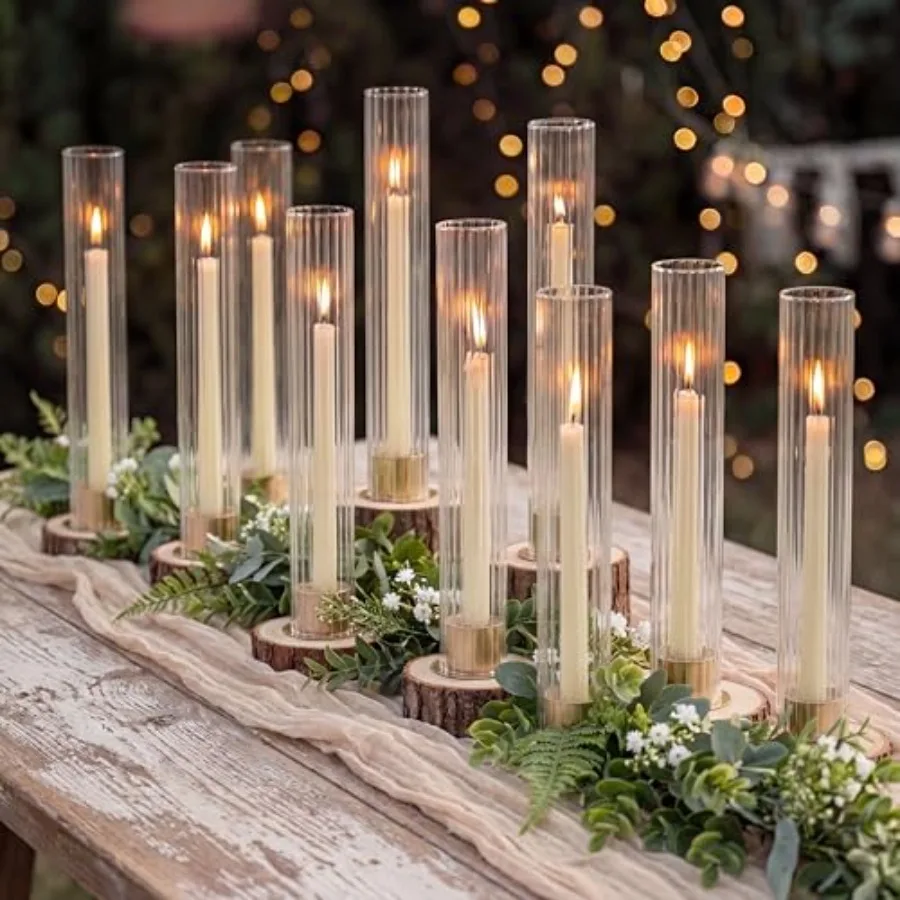 

Hurricane Candle Holder for Centerpiece: Set of Metal Taper Candle Holders with Fluted Glass Cylinders - Gold Candlestick Holde