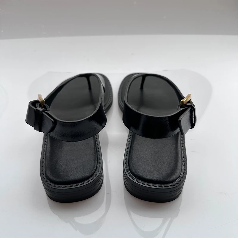 Mrxmus Dutit Women Shoes 2024 Summer New Black Buckle Design Fashion Sandals Leather Strap Flat Sandals Female