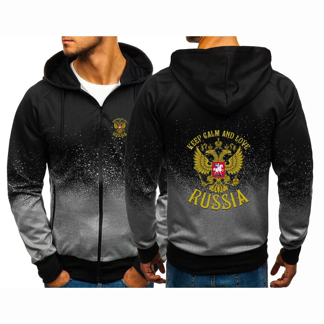 

Russia Badge Gold Eagle Print Fashion Men's Hoodies Casual Gradient Color Cardigan Coat Fleece Outdoor Sweatshirts Zipper Jacket