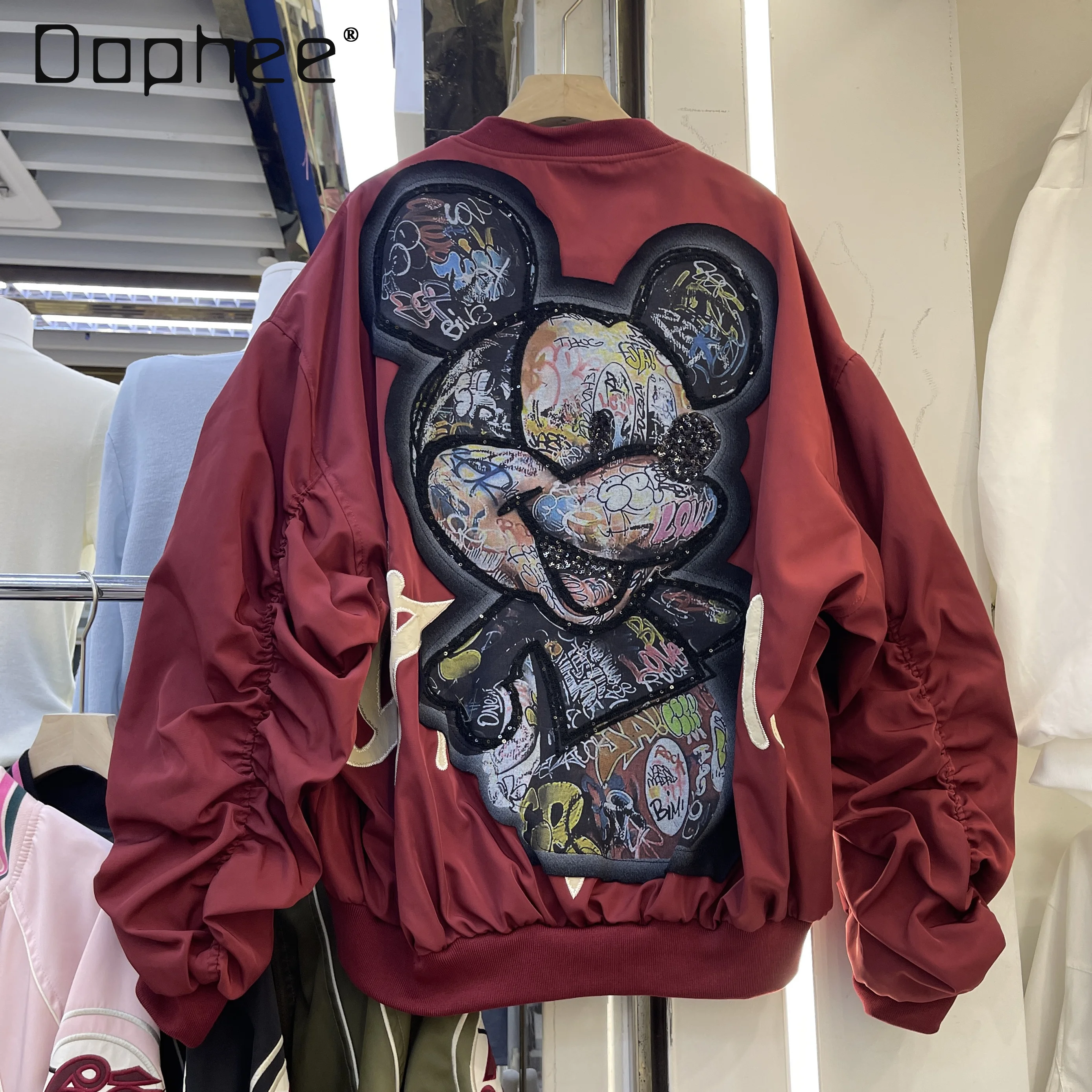 European Station Cartoon Jacket 2025 Spring New Fashion Stickers Baseball Jacket Women's Loose Zipper Sequined Coats Long Sleeve