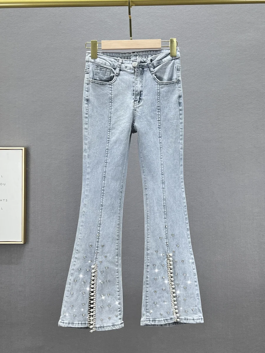 

High Waist Bell Bot Jeans Women's Spring Summer Elastic Slim Fit Diamond Embellied Nine Point Pants Zipper Closure Cotto...