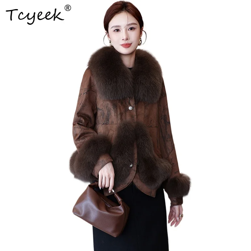 Tcyeek Autumn Winter Rabbit Fur and  Integrated High End Korean Version Fox Fur Collor Brown Women's Fur Coat Fourrures Femme