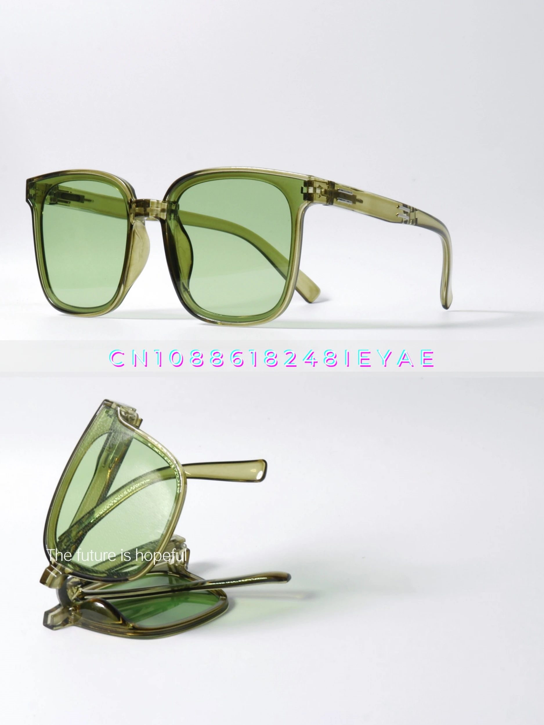 Niche Square Large Frame Green Folding Sunglasses Uv400 Anti-ultraviolet High Street Style Trendy Sunglasses