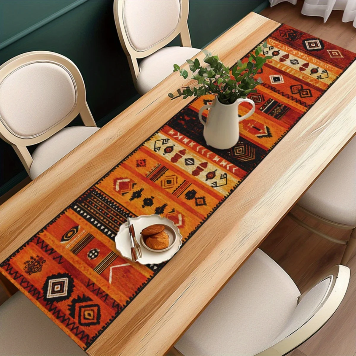 Ethnic Geometric Table Runner - 1PC Warm Orange Boho Totem Traditional Pattern Cover for Picnic Camping Party Dining