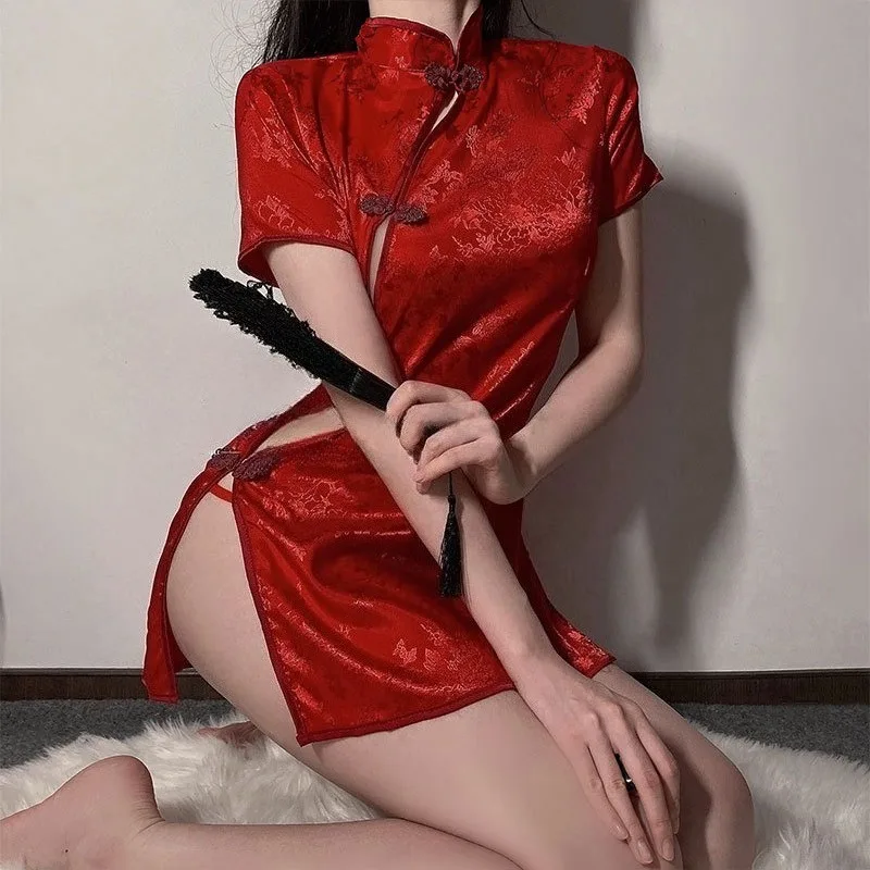 

Антикварный комплект нижнего белья Cheongsam, сексуальная одежда для сна с боковыми разрезами и выдолбленным ретро-принтом с короткими рукавами для женщин, китайское нижнее белье