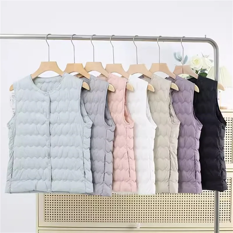 Wave Warm Down Waistcoat Jacket Autumn Winter Women Ultra Light Thin White Duck Down Vest Coat Lady Sleeveless Short Tank Parkas