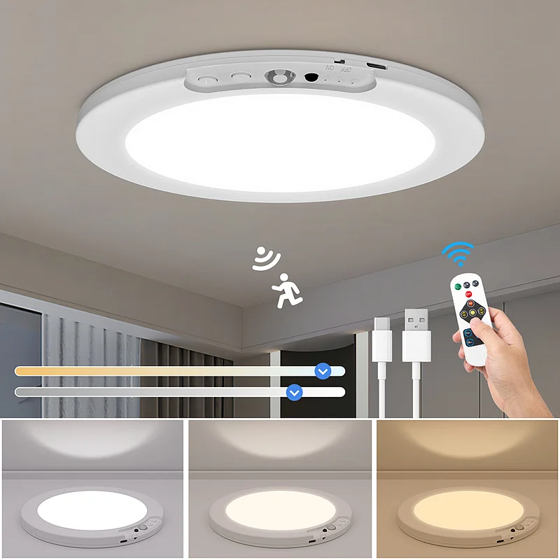 

Motion Sensor Ceiling Light USB Type-C Rechargeable Magnetic Lamp Wireless Wall Lamp Remote LED Night Light For Kitchen Coatroom