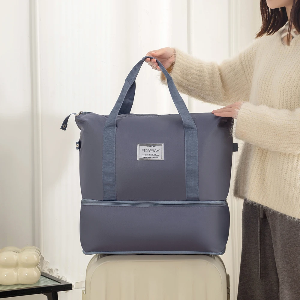 Modische, faltbare, großvolumige, doppellagige Reisetasche; Gepäckaufbewahrungstasche, multifunktionale Handtasche; leichte, tragbare, erweiterbare Mutterschaftstasche; einfarbige, unisex Sporttasche mit Trocken- und N – Detail 3