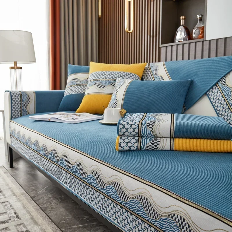 Waves Edge Sofa Cover Four Seasons Universal Chenille Sofa Pad Striped Sofa Mat for Living Room Non-Slip L Shaped Couch Cushion
