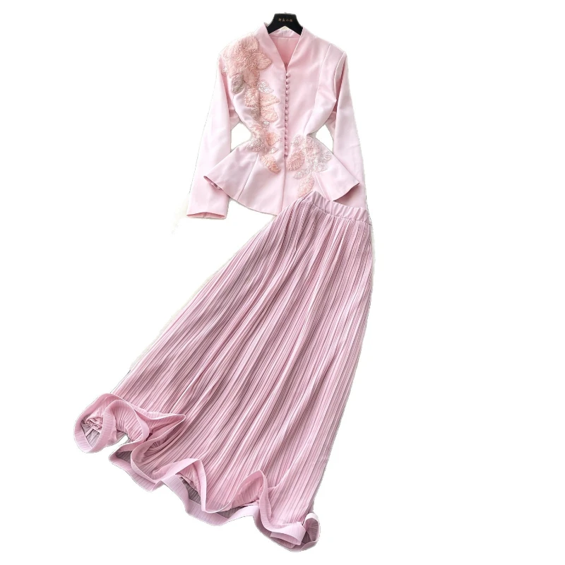 Women Two Piece Sets Skirt Set V Neck Full Sleeve Tops Long Skirts A Line High Waist Y2k Streetwear Elegant Work Pleated Party image 5