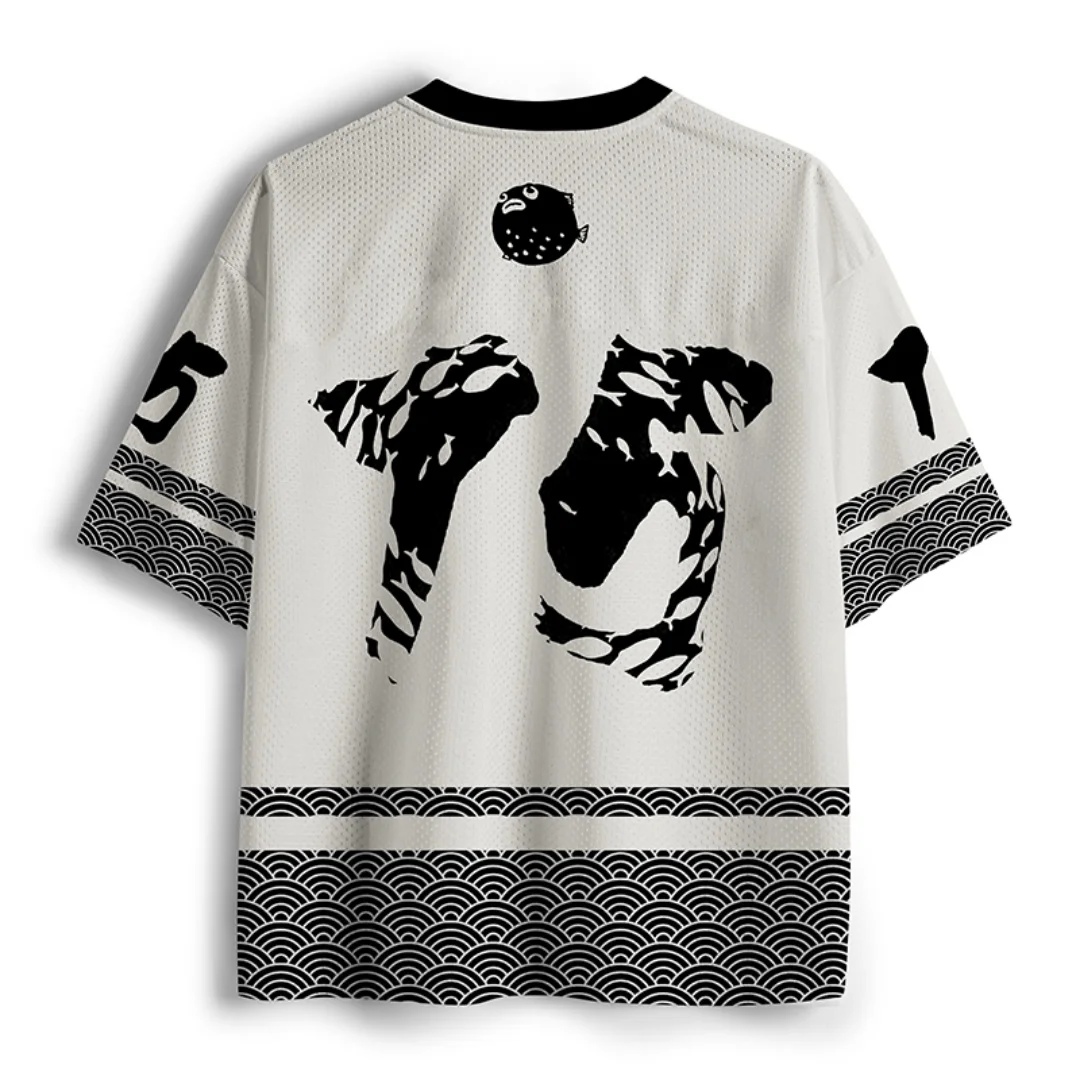 Funny Fish Meme Double Sided Jersey T‑Shirt Men Women Weird Quote Japanese Wave Kanji  Graphic Loose Sport Streetwear Tops