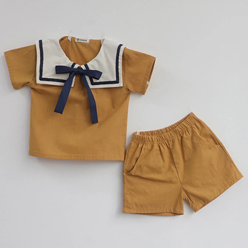 Summer Korean Style Baby Boys Girls Sailor Collar Cotton Linen Clothes Sets T-shirt+Shorts Baby Boys Girls Clothing Suit