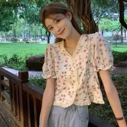 Shirts Women Floral V-neck Thin Sweet French Style Summer Simple Popular All-match Chic Mujer Students Ins Girlish Ulzzang Cute