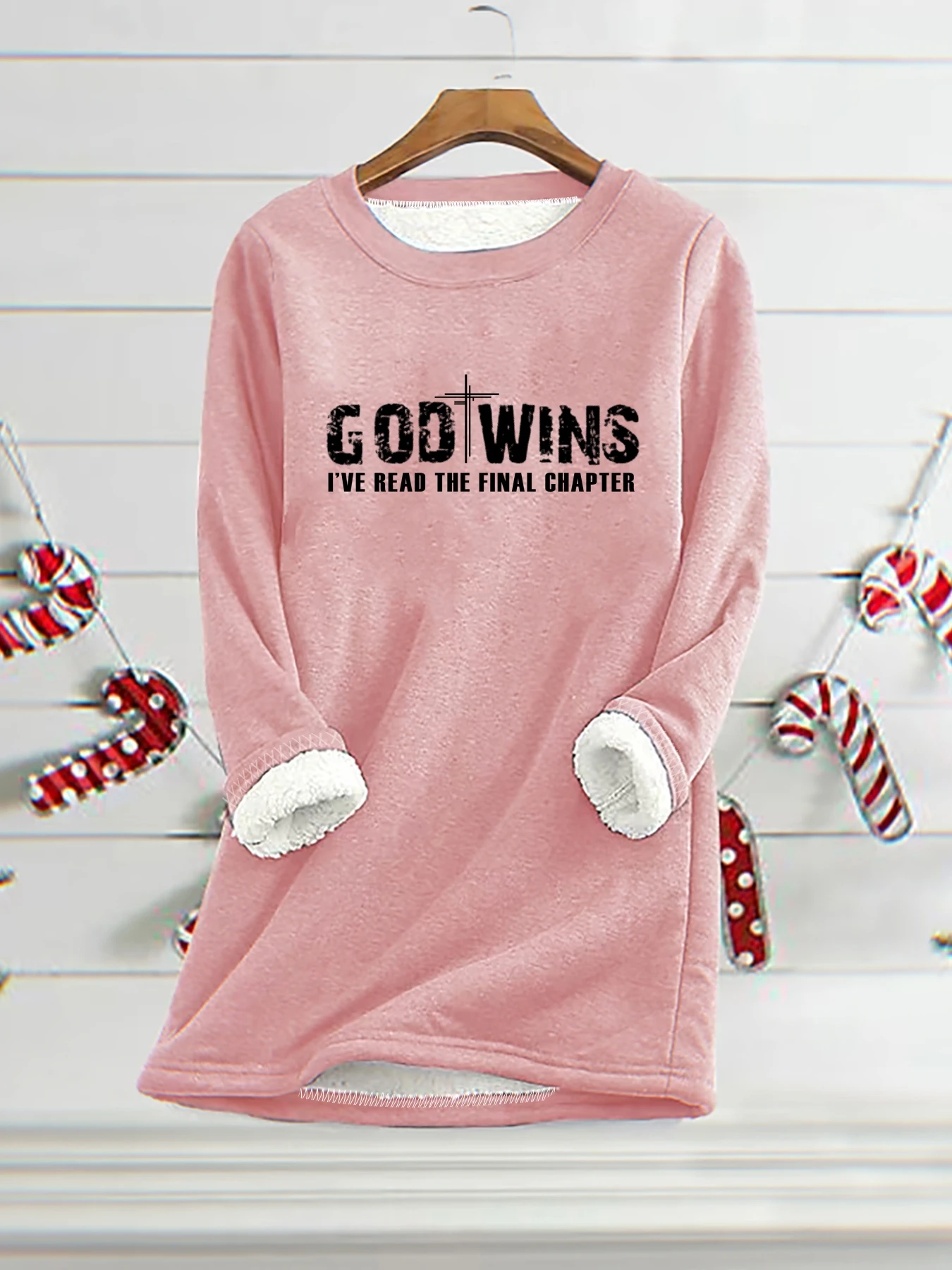 Cross & God Letter Print Plush Sweatshirt Winter Thermal Casual Long Sleeve Crew Neck Sweatshirt Women\'s Clothing